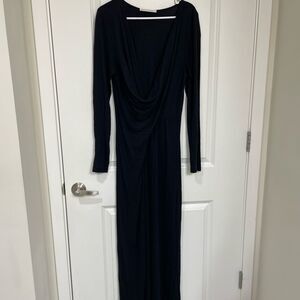 Peruvian connection Black Long Sleeve Maxi Dress Deep V-Neck Draped Front -  L